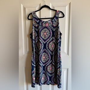 Crown & Ivy Navy Multi Color Geometric Knee Length Dress 14W Zipper Back Pockets